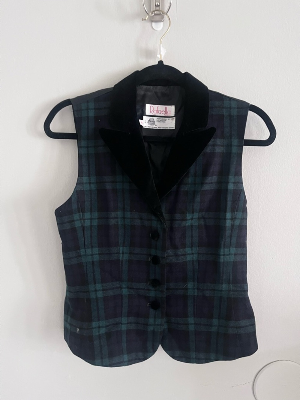 Rafaella 100% wool vest Plaid Velvet-Collar Vest Black/Green size 4